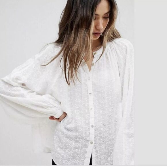 Free people small top embroidered floral peasant blouse white button down lace - Picture 1 of 11